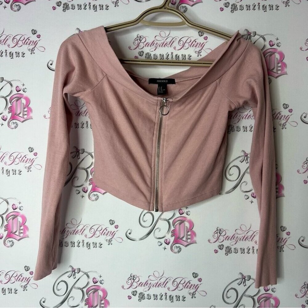 Forever 21 Pink Off-Shoulder Zip-Up Top crop long sleeve